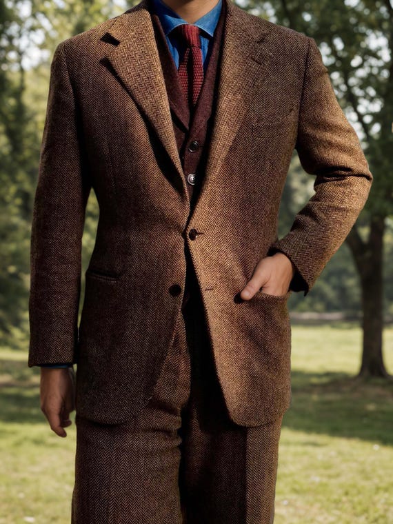 Bespoke 1930s Herringbone Tweed Suit | Men's Heavyweight Wool Single-Breasted Blazer & Pants