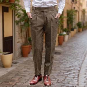 Custom Men's 1800s British Colonial Gurkha Pants, Victorian Tweed Herringbone High Waisted