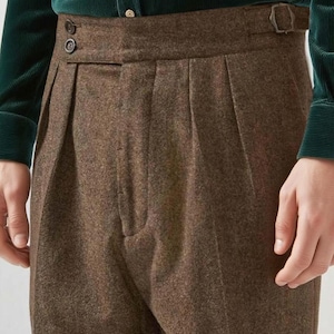 Men&#39;s Tweed Herringbone Wool Trousers, High Waisted Pleated Pants Rolled Hem Winter Formal, Wedding & Party Office / Wrinkle Resistant -New