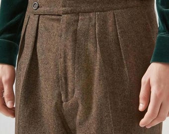 Custom 1940s High-Waisted Herringbone Wool Trousers Men - Heavyweight Tweed Dress Pants