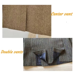May include: Close-up of a brown herringbone tweed jacket. The image shows the center vent and double vents of the jacket. The jacket has a classic design and is made of a textured fabric.