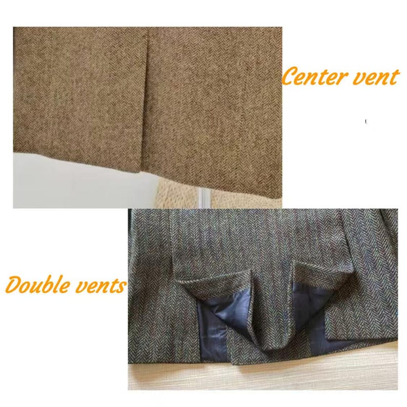 May include: Close-up of a brown herringbone tweed jacket. The image shows the center vent and double vents of the jacket. The jacket has a classic design and is made of a textured fabric.
