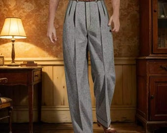 Custom 1930s Hollywood Golden Age Wool Slacks | High Waist Pleated Men's Trousers
