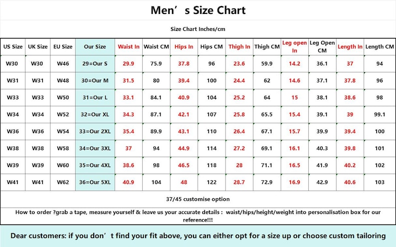 K&ouml;nnte beinhalten: Herren-Gr&ouml;&szlig;entabelle mit Ma&szlig;en in Zoll und Zentimetern. Enth&auml;lt Taillen-, H&uuml;ft-, Oberschenkel- und Bein&ouml;ffnungsma&szlig;e. Gr&ouml;&szlig;en von W30 bis W41, mit Optionen zur individuellen Anpassung. Detaillierte Gr&ouml;&szlig;eninformationen f&uuml;r Hosen.