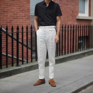 Vintage Gurkha Linen Trousers Men, Regular Fit High Waisted Military Trousers With Pleats & Rolled Hem, 1900s Casual Summer Fashion 3 Colors