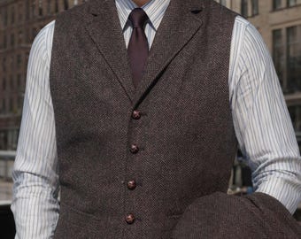 Benutzerdefinierte Herren Fischgrätenmuster Tweed Weste - Slim Fit Wollweste, Hochzeitskleidung