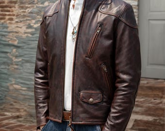 Vintage Men's Horsehide Leather Motorcycle Jacket | Tea Core Slim Fit with Distressed Finish 1.3mm