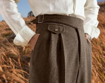 1900s Gurkha High Waisted Plaid Wool Trousers, Heavyweight Military Pants for Men, Customize