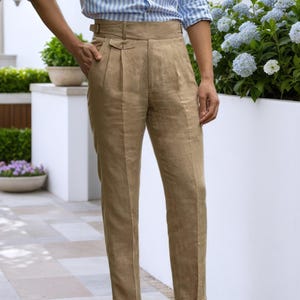 Vintage Gurkha Linen Pants For Men, Regular Fit High Waisted Military Trousers With Pleat Rolled Hem, Retro 19th Century Style ,Linen Pocket