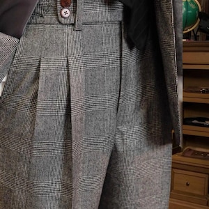 Men&#39;s Plaid Wool Regular Fit Trousers, Mid High Waisted Winter Dress Pants for Office, Party, Streetwear Gurkha Straight Leg Rolled Hem