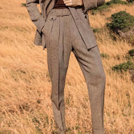 Custom 19th Century High-Waisted Herringbone Tweed Wool Pants, Hidden Clasp Dress Trousers