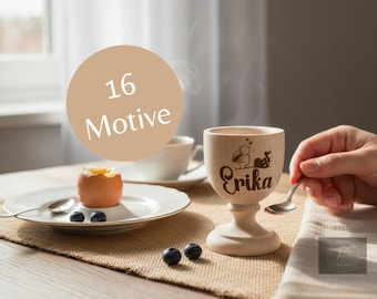 Personalisierter Holz Eierbecher mit Name, Graviert, 16 Motive zur Auswahl, Geschenk Frühstück Ostern Küchentisch