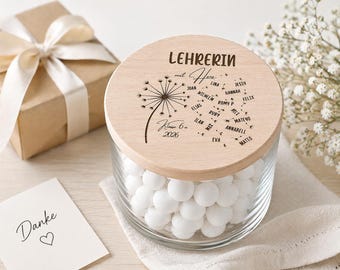 Lehrer Geschenk personalisiert Vorratsglas mit Kindernamen, Lehrerin mit Herz, Abschiedsgeschenk Kindergarten, Schule, 2 Größen Holzdeckel