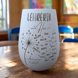 Könnte beinhalten: Ein weißes, stieloses Weinglas mit den Worten "LEHRERIN mit Herz" und einem Löwenzahnmotiv. Namen von Schülern sind um den Löwenzahn herum aufgelistet. Der Text "Abschlussklasse 4/2025" ist ebenfalls sichtbar.