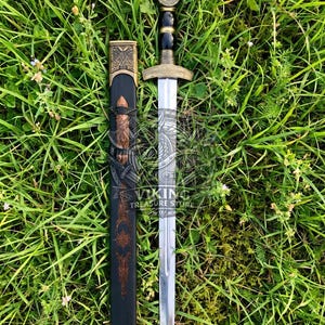 Hand Forged Viking Seax Sword, High-Carbon Steel Blade, Engraved Brass Fittings, Dark Horn Handle