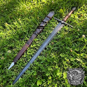Handgesmeed middeleeuws lang zwaard met volledige tang, Viking Fantasy stalen zwaard met schede, decoratieve rekwisiet en display, verzamelbaar wanddecor