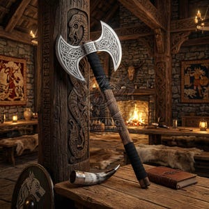 Op de afbeelding: Een dubbelzijdige bijl met een houten steel en ingewikkelde zilveren ontwerpen op de bladen. De steel is omwikkeld met zwart leer. De bijl wordt tentoongesteld in een rustiek, houten interieur met een Viking-thema.