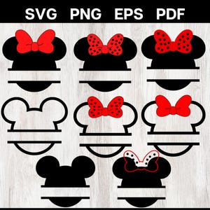 May include: A set of six black and white split monogram SVG cut files featuring a Mickey Mouse and Minnie Mouse head silhouette with a bow. The bow is red with white polka dots. The files are perfect for creating personalized gifts.