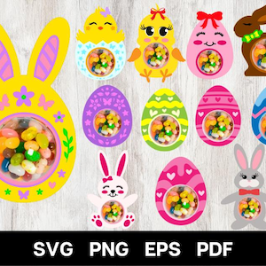 May include: A set of 10 Easter-themed SVG cut files featuring bunny, chick, and egg designs. Each design includes a clear window for adding sweets or other treats. The designs are perfect for creating personalised Easter baskets, party favours, or decorations.
