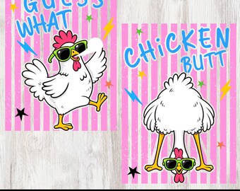 Pack PNG « Devine quoi, cul de poulet », design de sublimation preppy humoristique, graphisme assorti pour t-shirts, téléchargement numérique recto-verso humoristique.