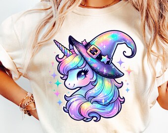 Iridescent Halloween Witch Unicorn PNG, Preppy Shirt Design (Digital Download)