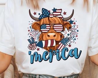 4th of July Highland Cow PNG SVG, Merica Cow Design (Digital Download)