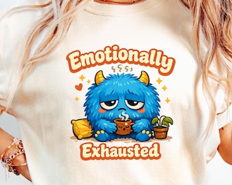 Monstruo emocionalmente agotado PNG, lindo diseño de sublimación de criatura azul peluda, mascota de dibujos animados retro, PNG de introvertido divertido.
