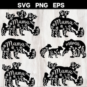 May include: Black and white silhouette design of a mama bear and her cubs. The mama bear is standing with her cubs around her. The design includes the word "Mama" and floral accents.