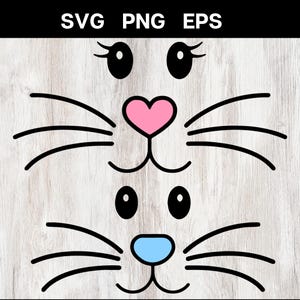 Op de afbeelding: Een digitaal ontwerp met twee sets cartoon dierengezichten. De bovenste set heeft roze hartvormige neuzen, zwarte ogen met wimpers en zwarte snorharen. De onderste set heeft blauwe neuzen, zwarte ogen en zwarte snorharen.