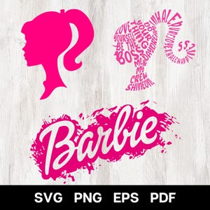 Puede incluir: Elementos gráficos rosas sobre un fondo blanco. Incluye una silueta del perfil de una mujer con una cola de caballo, un diseño de peinado con texto y la palabra "Barbie" en un diseño de salpicaduras. La imagen también incluye las opciones de tipo de archivo: SVG, PNG, EPS y PDF.