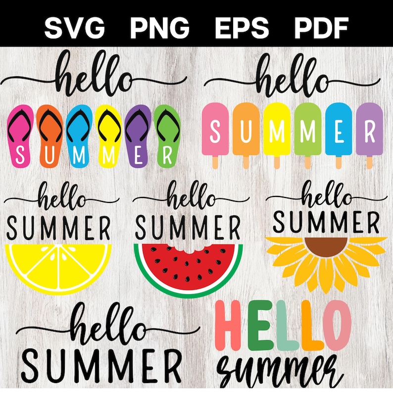 Peut inclure: Plusieurs graphiques sur le th&egrave;me de l'&eacute;t&eacute;, dont des tongs, des glaces, une tranche de citron, une past&egrave;que et un tournesol. Chaque motif comprend les mots "hello summer" ou "hello" et "summer" dans des couleurs vives. L'image comprend &eacute;galement les options de type de fichier : SVG, PNG, EPS et PDF.