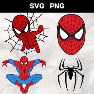Peut inclure: Plusieurs graphiques sur le thème de Spider-Man. Comprend une figurine de Spider-Man rouge et noir avec une toile, un masque de Spider-Man rouge, une figurine complète de Spider-Man en rouge et bleu et une silhouette d'araignée noire. Les mots "SVG PNG" sont en haut.