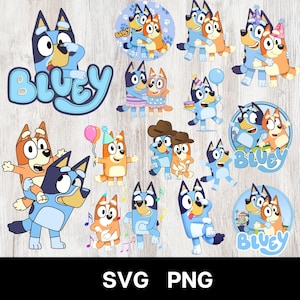 以下が含まれることがあります： ブルーイをテーマにしたSVGおよびPNGデジタルグラフィックのコレクション。画像には、ハグしたり、パーティーハットをかぶったり、風船を持ったりするなど、さまざまなポーズの漫画のキャラクター、ブルーイとビンゴが登場します。「Bluey」という単語も水色のフォントで表示されています。