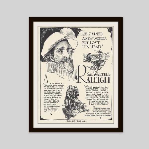 Sir Walter Raleigh, Vintage Art Print, Classroom Art, History Teacher Gift, Educational Art, Famous Explorer, World History, History Buff