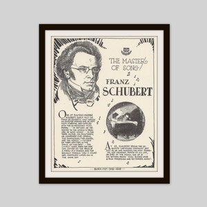 May include: A black and white illustration of Franz Schubert, a German composer, with the text "The Master of Song!" and "Franz Schubert" below his portrait. The text "Born 1797 - Died 1828" is at the bottom of the image.