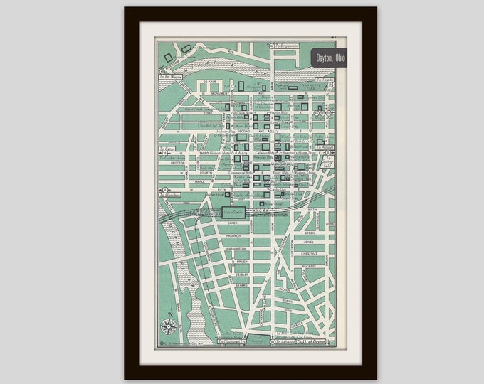 Dayton Ohio Map, City Map, Street Map, 1950s, Green, Black and White