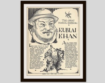 Kublai Khan, Vintage Art Print, Classroom Art, Chinese History, Asian Art, History Teacher Gift, Mongolia, Man Cave Decor, Yuan Dynasty