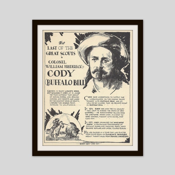 Buffalo Bill Cody, Vintage Art Print, Classroom Art, History Teacher Gift, US History, American West, Old West, Man Cave Decor, History Buff