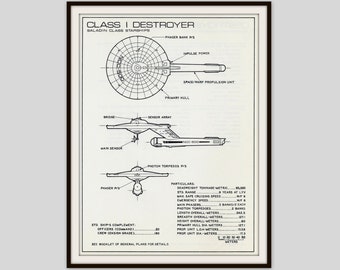Vintage Star Trek Blueprint Print: Class I Destroyer Starship