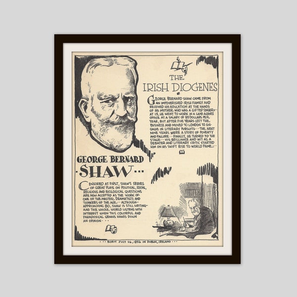 George Bernard Shaw, Vintage Art Print, English Teacher Gift, Classroom Art, Irish Playwright, Theatre Lovers Gift, Literary Art, Literature