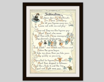 1922 Subtraction Print: Antique Children's Math Poem, Classroom Art