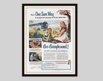 1953 Vintage Greyhound Ad, Transportation Ad, Spring Decor, Vacation Ad, Mid Century Ad, Original Ad, Retro Wall Art, Old Magazine Ad