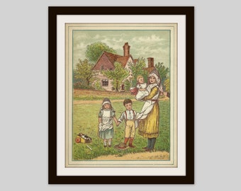 Antique Children's Print, Children and Baby Illustration, Girl's Bedroom Decor, Baby's Room Decor, Nursery Wall Art, Farmhouse Decor