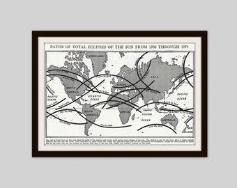 1952 Eclipse Print, Original Vintage Print, Paths of Total Eclipses of the Sun from 1950 Through 1974, Eclipse Map