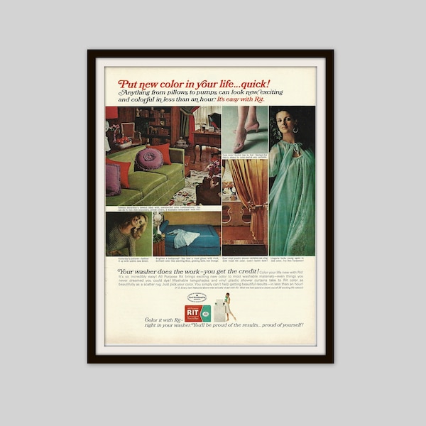 1967 Rit Dye Print Ad, Vintage Laundry Products Ad, Retro Laundry Room, 1960s Advertisement, Kitschy Wall Decor, Original Magazine Ad