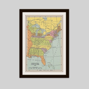 May include: A vintage map of the United States showing conflicting land claims in 1783. The map is divided into different colors representing the various claims made by different states and countries. The map includes text labels for each state and country, as well as a scale bar and a compass rose.