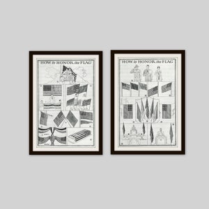 May include: Two black framed illustrations with the title "HOW to HONOR the FLAG" and diagrams showing proper flag etiquette. The illustrations are in black and white.