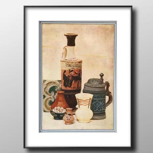 May include: A still life featuring a collection of pottery, including a tall, brown and white ceramic bottle with a design of a woman in a red dress, a smaller brown ceramic vase, a white ceramic pitcher with red and gold accents, and a gray ceramic stein with a lid and a handle.