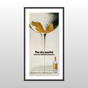May include: An advertisement for Fleischmann's gin, featuring a martini glass with a lemon peel and a bottle of gin. The text reads "The dry martini. It started with Fleischmann's." and "The world's driest gin since 1870."
