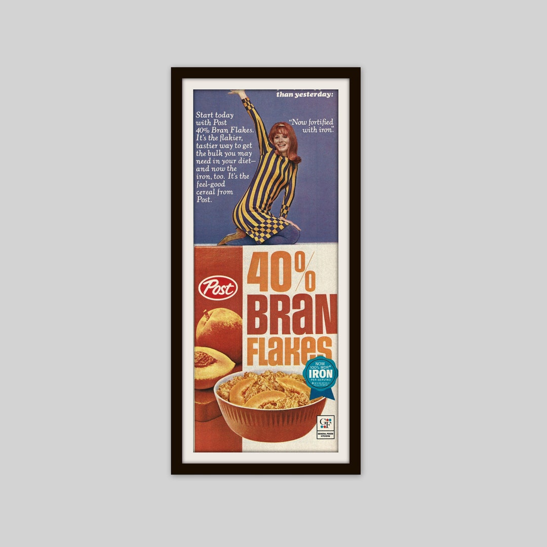 1967 Post Raisin Bran Ad, Vintage Breakfast Cereal Wall Art, Retro Food